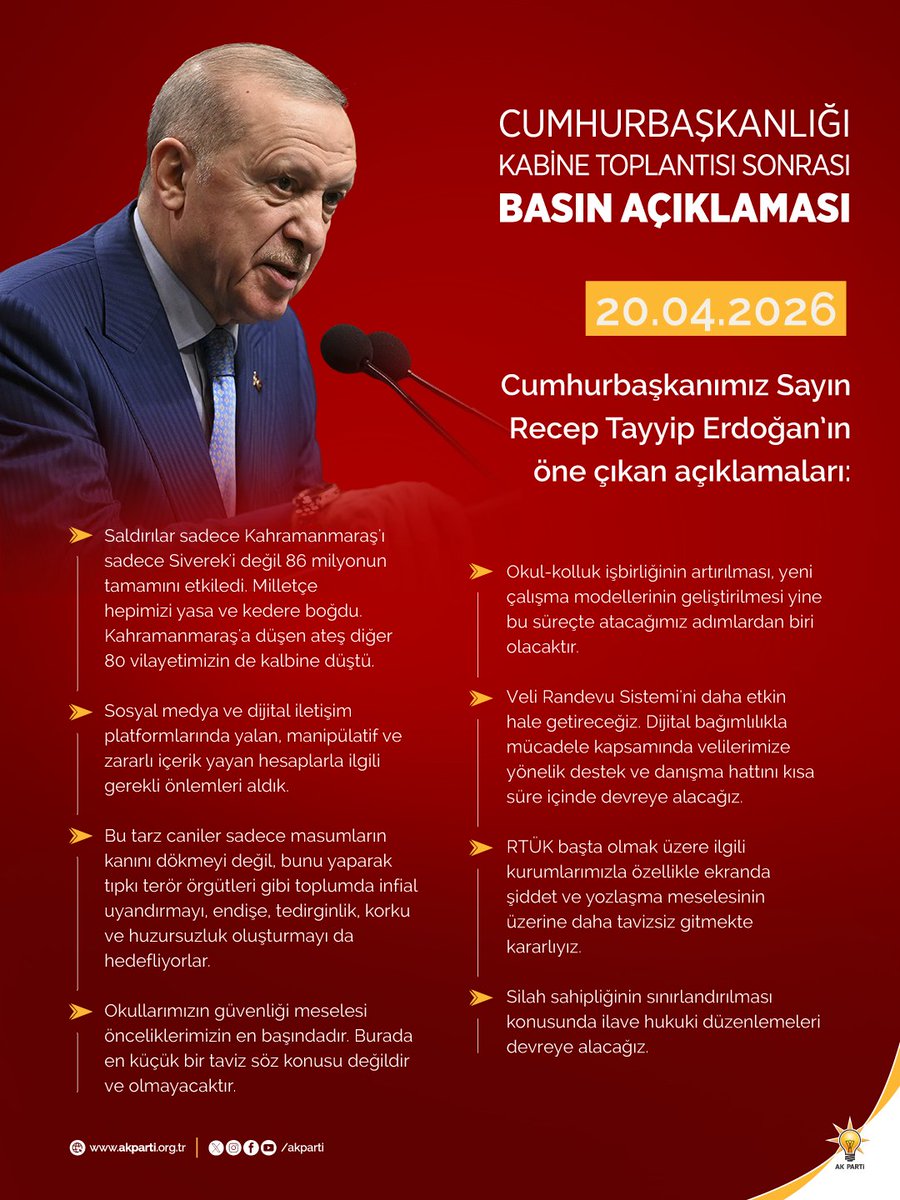 Cumhurbaşkanımız Sayın Recep Tayyip Erdoğan’ın, Cumhurbaşkanlığı Kabine Toplantısı sonrası öne çıkan açıklamaları.