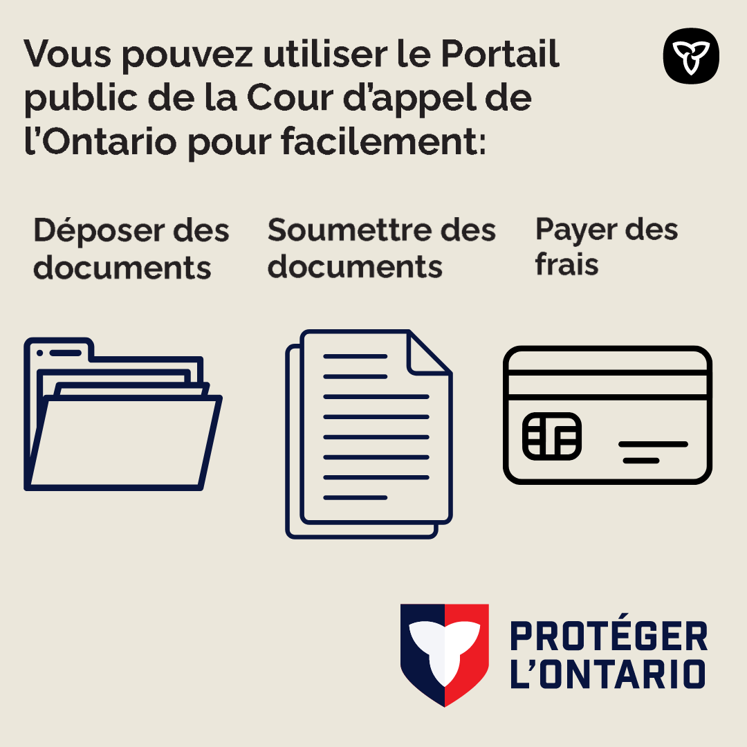 #Rappel: Le nouveau Portail public de la Cour d’appel de l’Ontario en ligne est opérationnel.

Depuis le 9 avr. 2026, le public et les participants à un dossier peuvent l’utiliser.

🔗: ontario.ca/fr/page/portai…