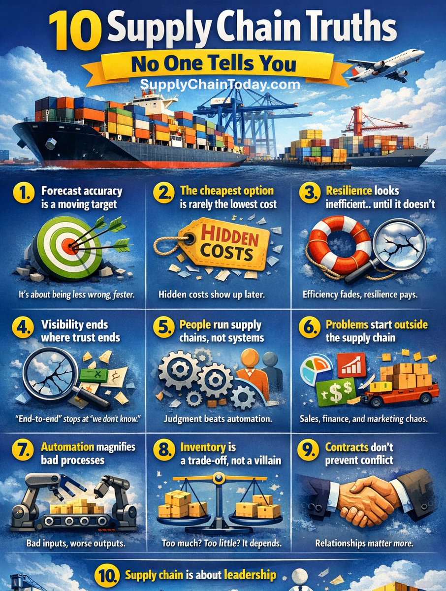 LogisticsStuff's tweet image. Ever wonder what really happens when supply chain plans hit the real world? Here are 10 truths every operator and leader learns the hard way—so you don’t have to! Check them out: supplychaintoday.com/10-supply-chai…

#SupplyChain   #SupplyChainManagement  #SmartSupplyChain