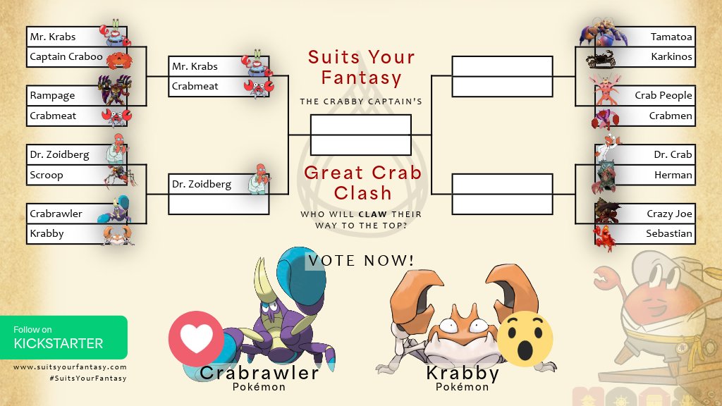 SuitYourFantasy's tweet photo. "I choose you, crab-based Pokémon character!" Which one would you let loose from your Poké Ball? 
Vote now on Facebook: https://t.co/unE4ayX3Ae 
#suitsyourfantasy #crabbycaptain #pokemon #crabs #brackets #cardgames #picturebooks https://t.co/vksF5iTtYn