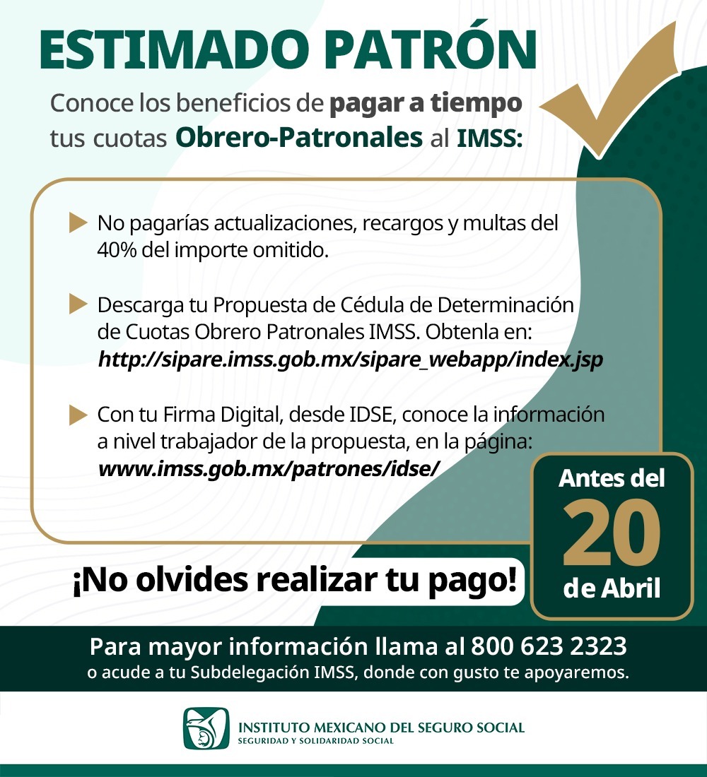 IMSSBCSOFICIAL's tweet image. ⚠️Estimado patrón ⚠️
Hoy es el último día para realizar en tiempo el pago de tus cuotas Obrero-Patronales al #IMSS.