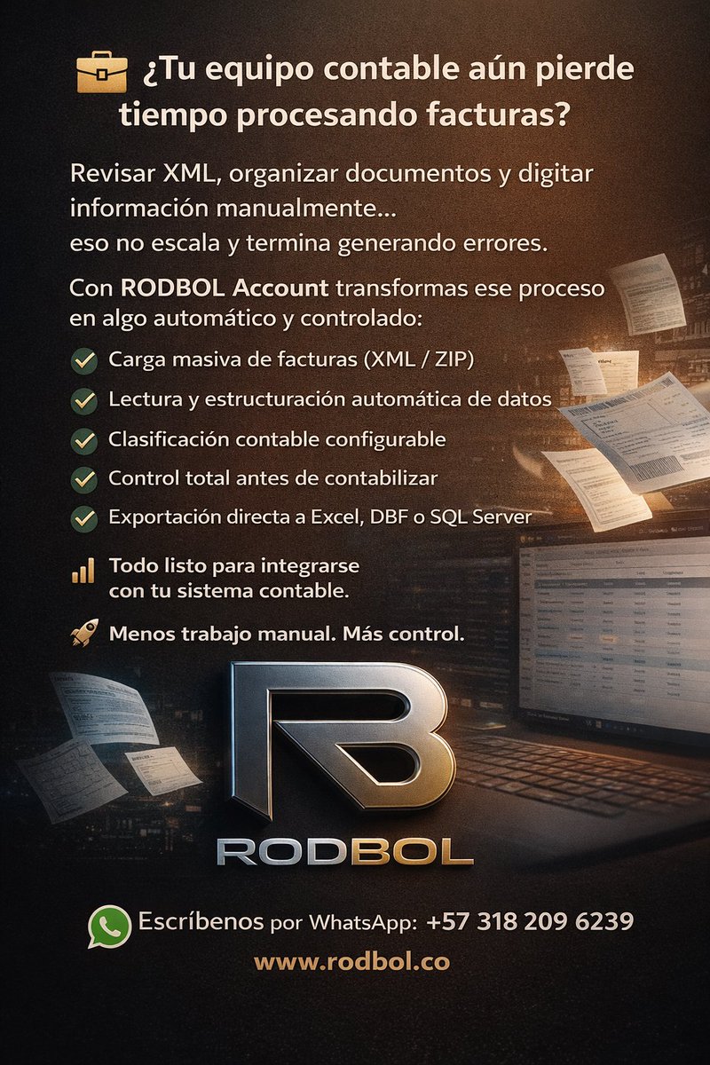 RODBOLCOL's tweet photo. 💡 Automatiza el procesamiento de facturas

✔ Carga XML automáticamente
✔ Clasifica y organiza
✔ Exporta listo para contabilidad
Sin reprocesos. Sin errores.
📲 Escríbenos y conoce RODBOL Account https://t.co/ZtysUrtv7x