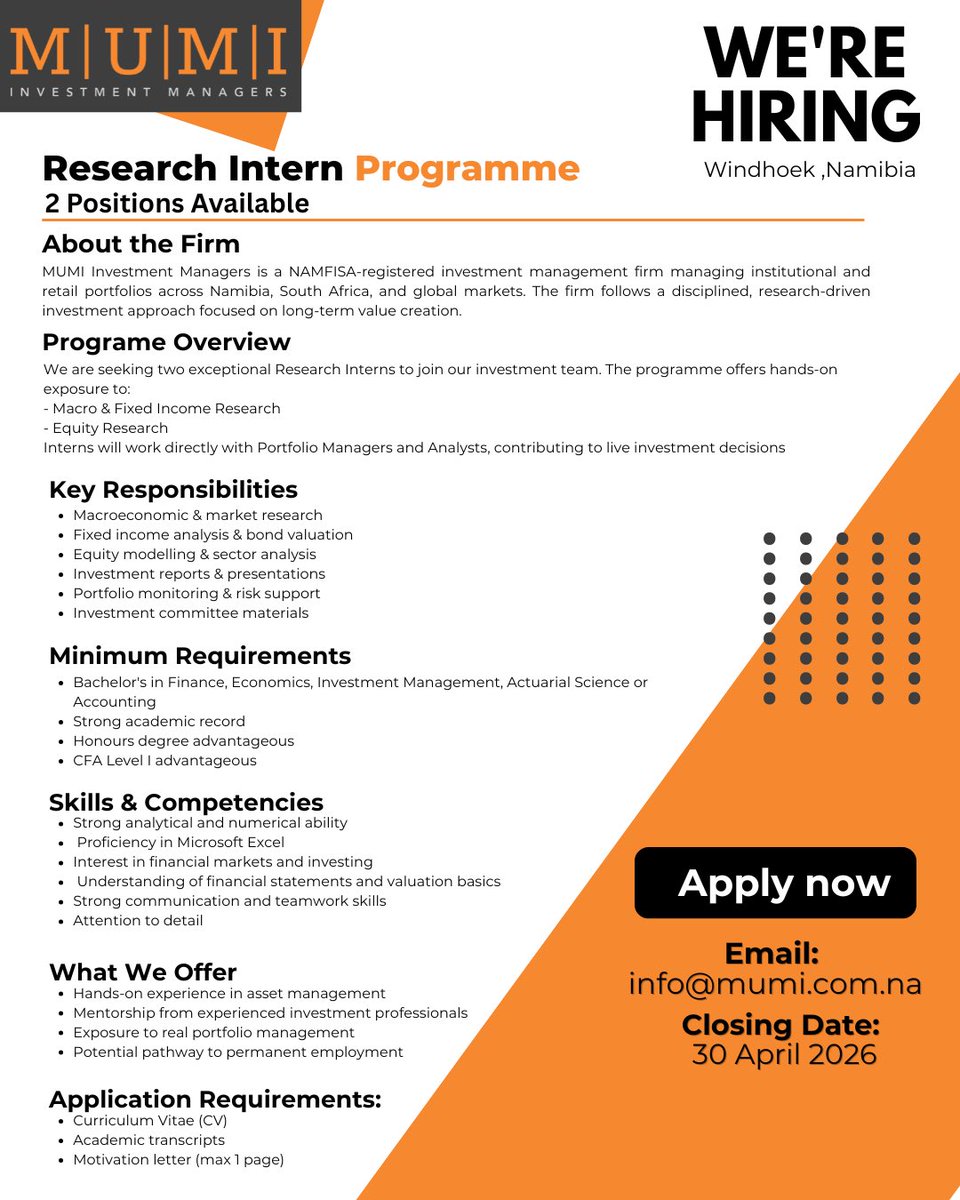 MUMI_Managers's tweet photo. #WeAreHiring

MUMI Investment Managers are seeking two exceptional Research Interns to join our investment team. https://t.co/zOo0s1R8QN