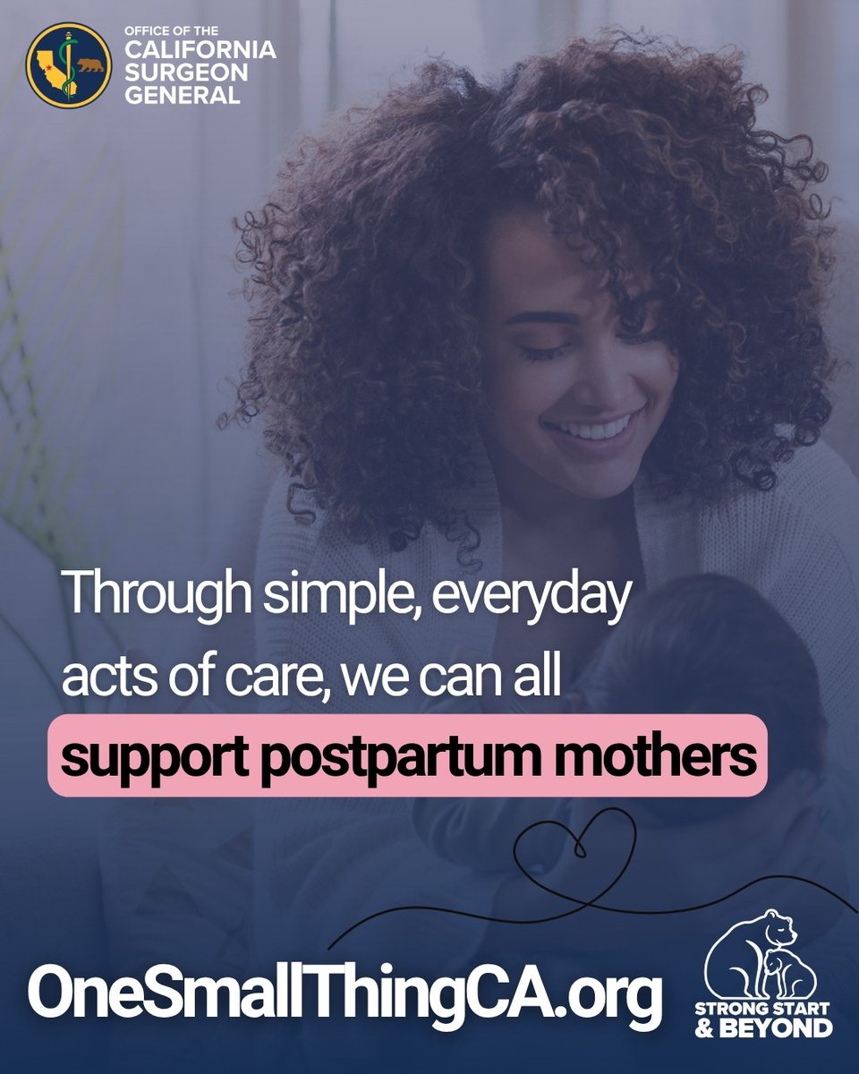 CA_OSG's tweet image. More than 60% of maternal deaths happen after a mom leaves the hospital, when isolation is the highest &amp;amp; support is the lowest.

What's your one small thing to help a new mom in postpartum? 👩🏼‍🍼

Learn more and find ways to support at OneSmallThingCA.org. #MaternalHealth