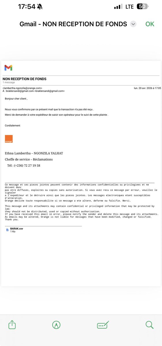 mohameddrame's tweet photo. @OrangeCare_CMR @OrangeCare_CMR   Le mail reçu par mon correspondant en Centrafrique https://t.co/BTbMvr6z7w