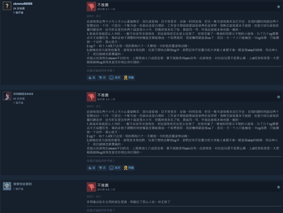 雖然我沒有證據，但是我覺得有人在買負評塞我遊戲
忽然多3根只有1篇評論的負評，其中2個內容還一樣...
