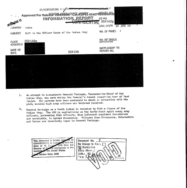 SilpiTivari's tweet photo. ये रिश्ता पुराना है।

Declassified CIA document in 1999 reveals that the CIA came to know about an assassination plan involving Sikh terrorists, against Gen Cariappa in 1950.
What is even more intriguing is that this document writes -
"RSS was capitalizing on North South divide amongst officers, in persuading the Sikhs officers, whom the informant considers treacherous and unreliable, to spread dissension".

Is it JA Curran who was the CIA informant, who is being talked about?
Let us all know the definite fact, that Golwalker and Curran, the then CIA head of India desk, were very close friends and Curran spent 2 yrs in continuous contact with RSS. He was awarded the rare opportunity to live with and study RSS, from Golwalker downwards to the lowest shakha karyakarta.
JAC was on a task of profiling various social and political organizations of recently liberated Asia Pacific countries. @kapilrdave @UdayMahurkar @garvit_sethii
@legalshishya
@agnivrt @DeepikaSharmaa_ @ElstKoenraad @neha_laldas

Fun Fact - it was Curran who was named for conspiring and arranging for the Bandung plane Bombing in 1955.