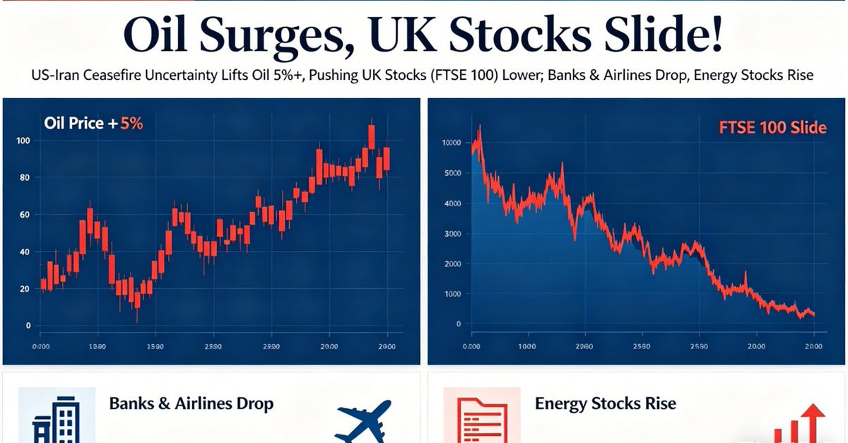strandii's tweet image. 🔥Oil Surges, UK Stocks Slide! 📉
US-Iran ceasefire uncertainty lifts oil 5%+, pushing UK stocks (FTSE 100) lower; banks &amp;amp; airlines drop, energy stocks rise.
#Hashtags: #OilPrice #FTSE100 #UKStocks #EnergyMarkets📈 #GeopoliticalRisk