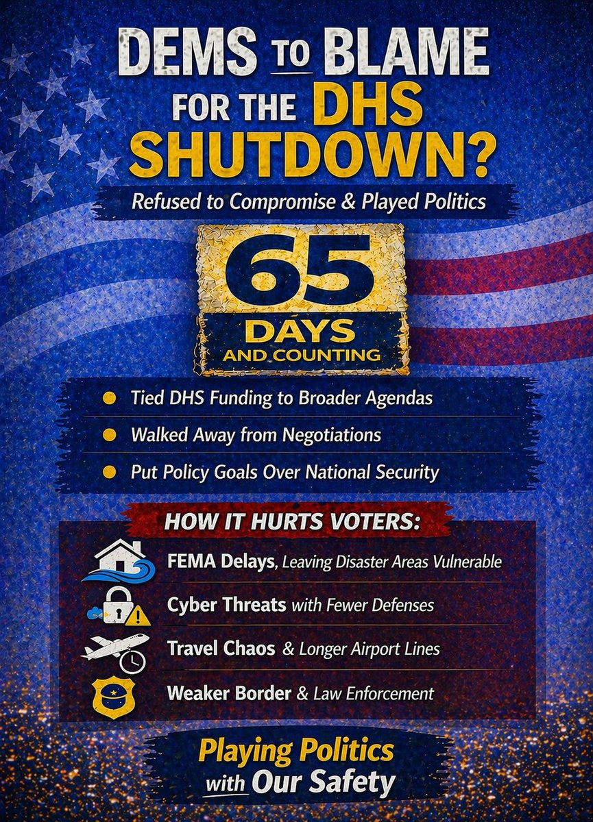 Breaking_Battle's tweet image. Day 65 of the Democrat DHS Shutdown
Washington keeps playing politics — and Americans are paying the price.
• Disaster response is being delayed
• Cyber threats are escalating
• Travel disruptions are increasing
• National security is under strain
#DHS #GovernmentShutdown
