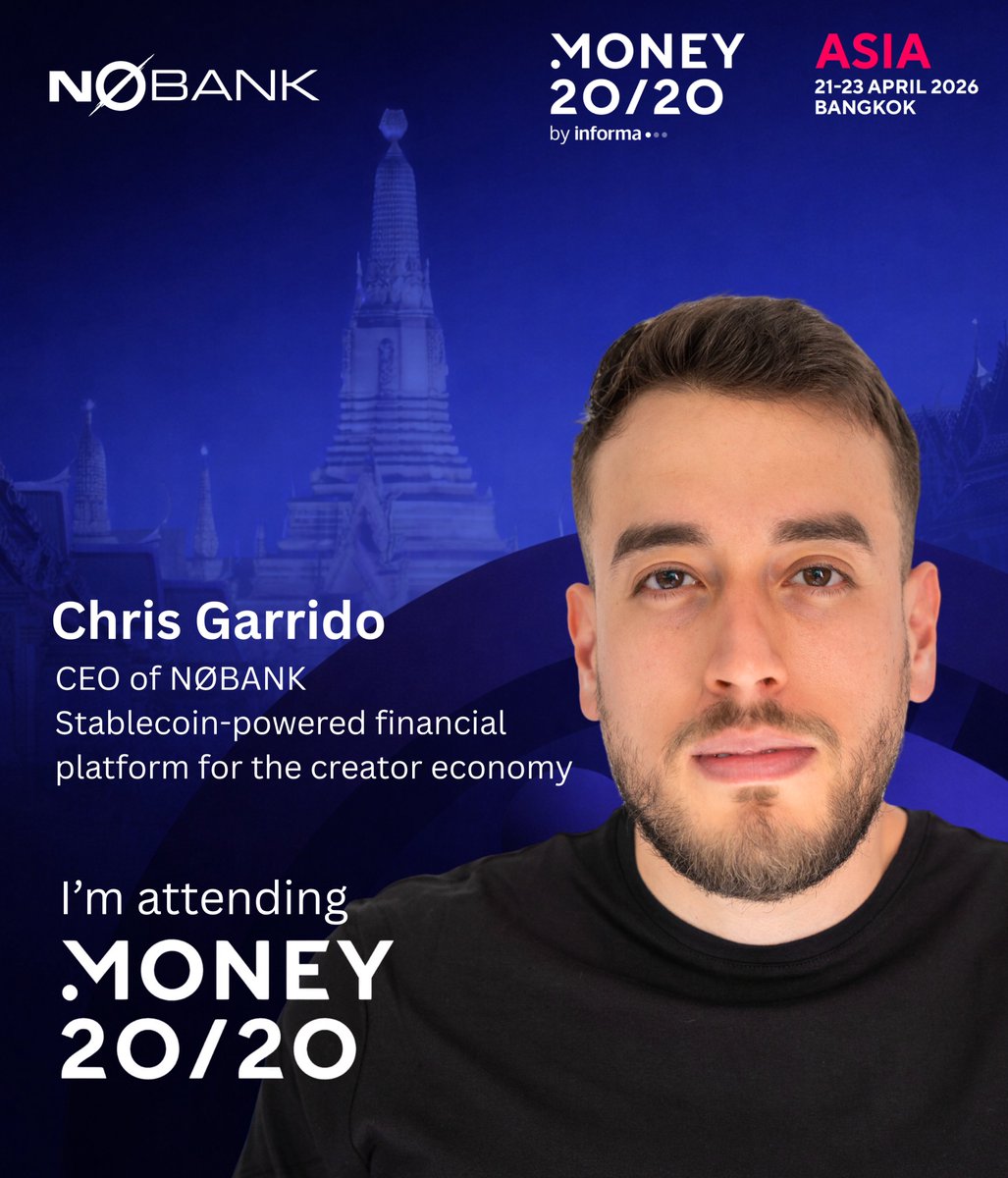 nobankapp's tweet photo. NØBANK will be present at @money2020 Asia in Bangkok from April 21–23.

Our team and CEO @ChrisStableFX will be engaging with partners and industry leaders to discuss the future of global payments and stablecoin infrastructure.

If you’re attending, we’d be glad to connect! https://t.co/j3h3Coppql