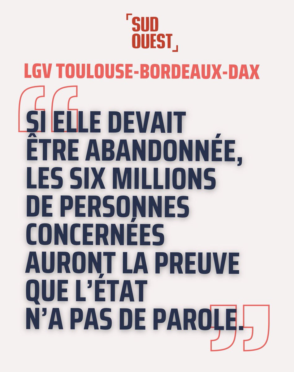 Cela serait un véritable mépris républicain. 
Je mets le Premier ministre et le président de la République face à leurs responsabilités. 
Nous avons déjà engagé 2 milliards d’€ de travaux. Ne les jetons pas dans la Garonne.
🎙️ <a href="/sudouest/">Sud Ouest</a> 👉 urlz.fr/v7od