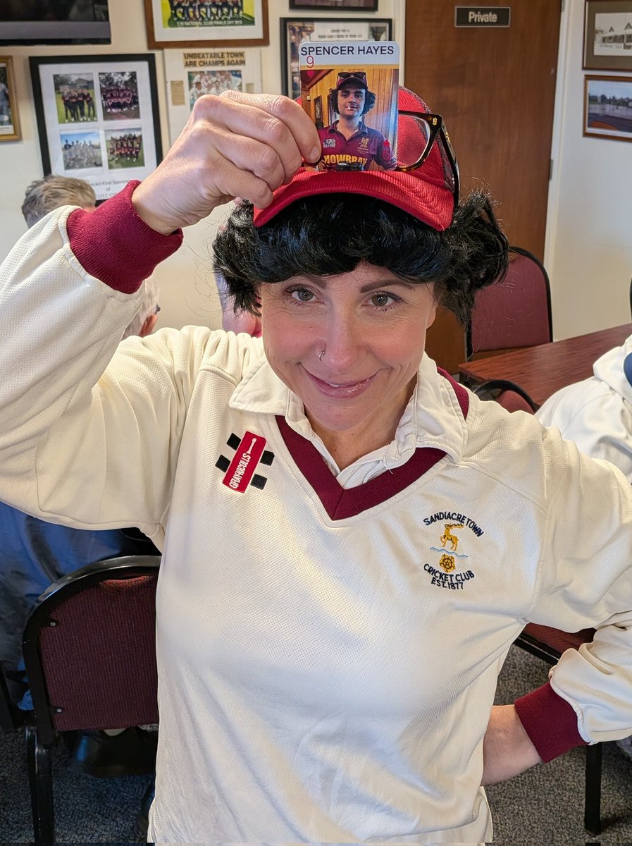 BackInTheShed1's tweet photo. Welcomed the overseas, Callum Cameron the Cricketer from Canterbury, on Saturday. 

Fancy dress beginning with C. 

Croucho Marx &amp; Cpencer Hayes? 

#lowerthoseeyebrowsDJ https://t.co/zRT4crVnQY