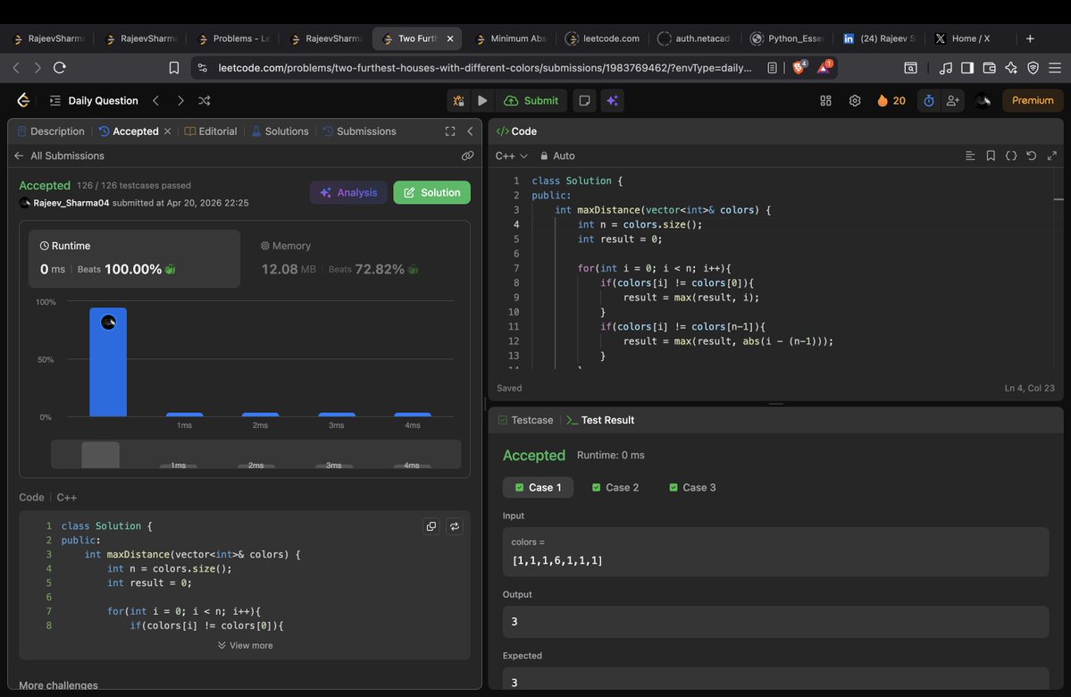 Rajeev_Sharma04's tweet image. Day 19 of #DSA 🚀

Solved: Two Furthest Houses With Different Colors 🏠

💡 Trick: Max distance always involves first or last house
→ Compare with boundaries only
⏱️ O(n) | ⚡ 100% runtime

#LeetCode #Coding #100DaysOfCode