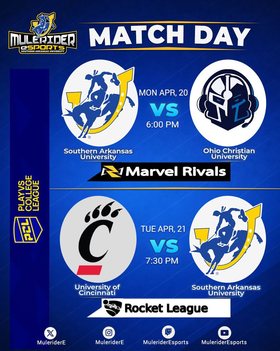MuleriderE's tweet photo. DOUBLE MATCH DAY for SAU Esports!  
Tonight we take on Ohio Christian University [ @OhioChr_Esports ] in Marvel Rivals at 6 PM,
and tomorrow we’re back on the pitch vs University of Cincinnati [ @UCEsportsClub ] in Rocket League at 7:30 PM.
Two days. Two titles. Same Mulerider energy 💙💛

#SAUEsports #MatchDay #MarvelRivals #RocketLeague #SAUvsOCU #SAUvsUC #SouthernArkansasUniversity