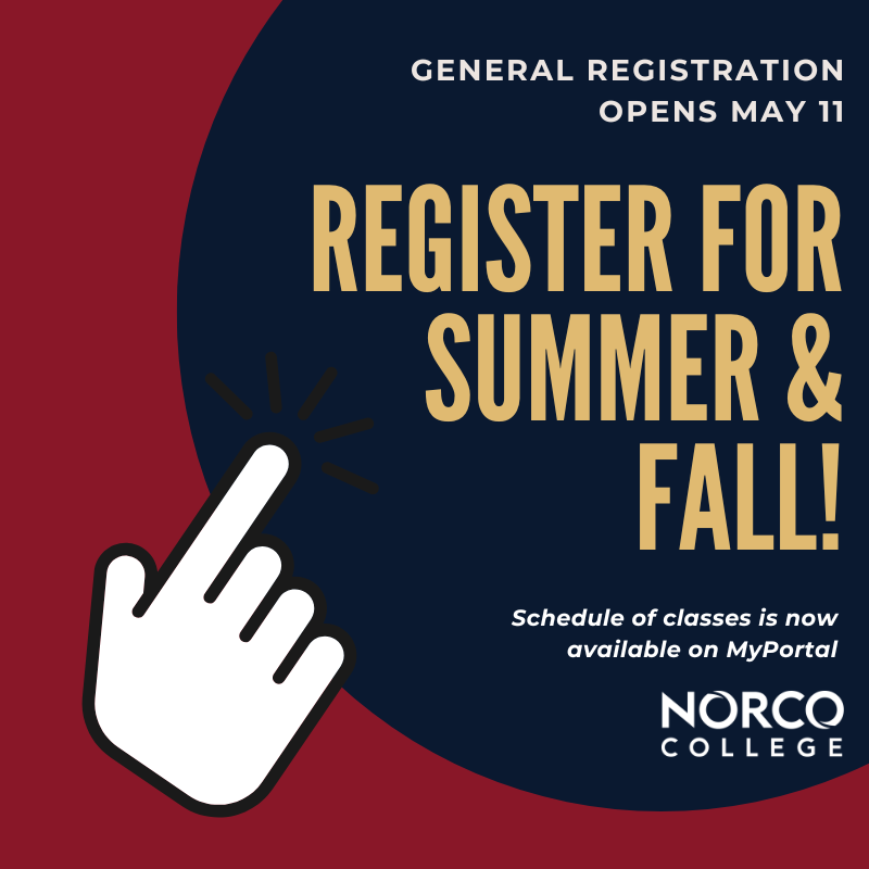 NorcoCollege's tweet photo. 🌞📚 Exciting news! Registration for summer &amp; fall classes opens May 11th! 🎉 Check out MyPortal to see what classes are available and start planning your summer and fall adventures!✨ #SummerClasses #FallClasses #RegisterNow #MyPortal https://t.co/26p7fKQDo4