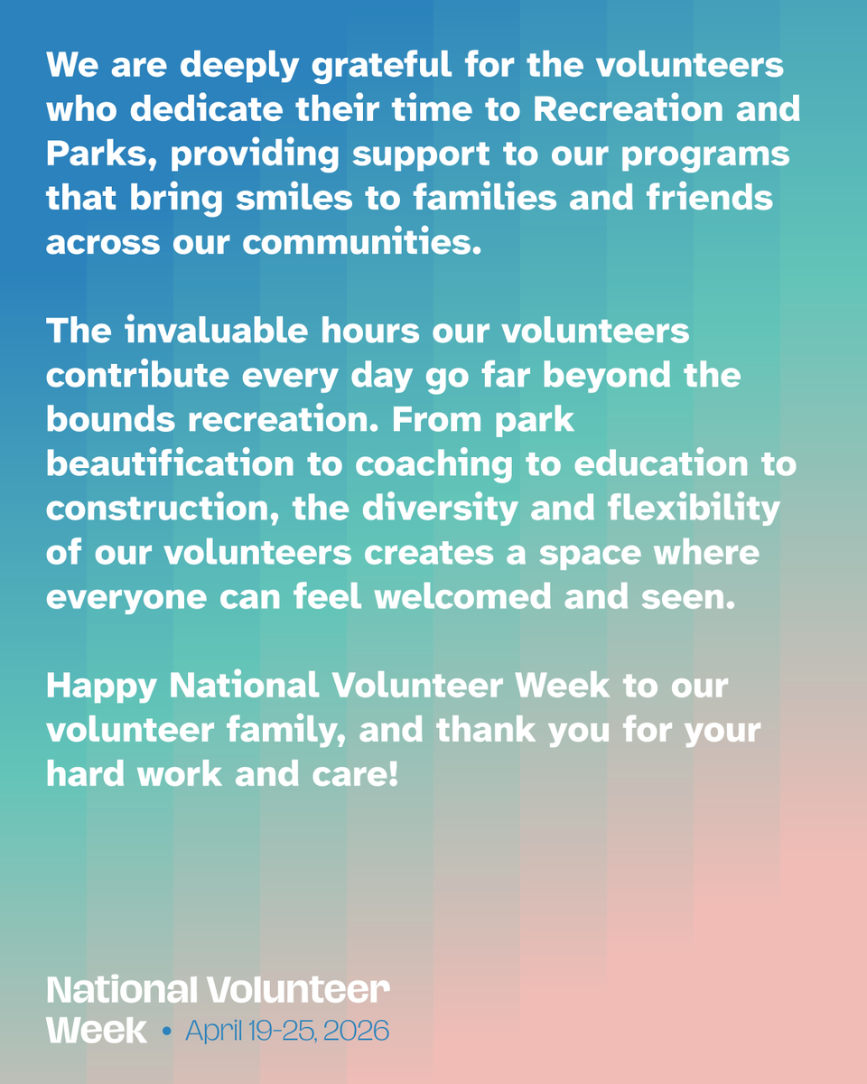 LACityParks's tweet photo. A message to our volunteers: Thank you! Your continued support means the world to your communities and our department. We are lucky to have wonderful people like you showing up and bring smiles to families across Los Angeles 🌟🤍

#EverythingUnderTheSun #ParkProudLA #LACityParks https://t.co/rTWVZY4OGh