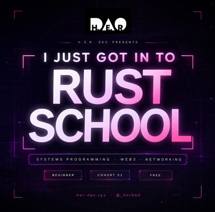 Plaksha_'s tweet photo. I just got into Rust School 📷 Cohort 01! Thanks to @_HerDAO, @Onallee and @Hari_priyoo for making this possible. Let’s build! 
#herdao #dao #rust #web3 https://t.co/9dhwRzIYPF