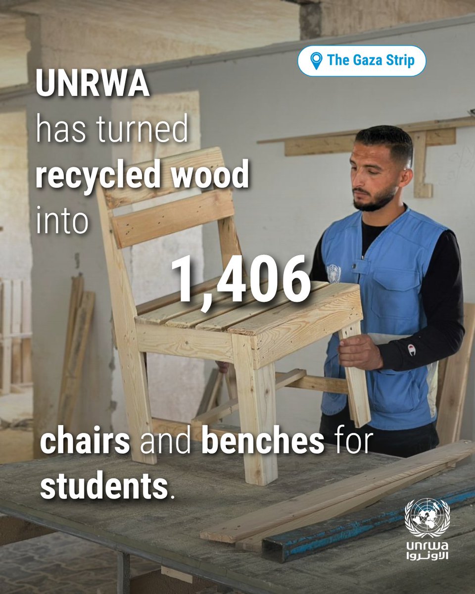UNRWA's tweet image. An UNRWA recycling initiative in #Gaza has transformed wooden pallets used to deliver aid into 1,406 chairs and benches for schoolchildren, as well as desks. 

Now, 22,496 students can sit down properly, making conditions more normal in their learning spaces, while local