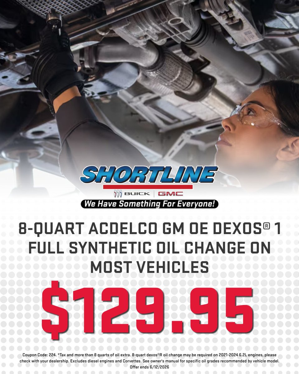 ShortlineBG's tweet image. 8-Qt ACDelco dexos®1 Full Synthetic Oil Change for $129.95 at Shortline Buick GMC. Schedule your service today.

#GMCService #BuickService #OilChange #ACDelco