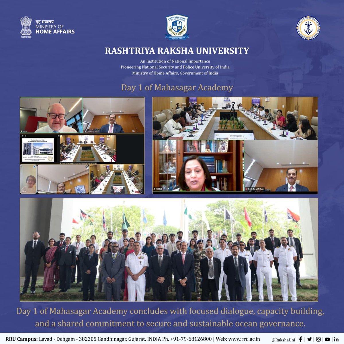 RakshaUni's tweet photo. The inaugural day of the MAHASAGAR Academy closed with a clear strategic vision and shared maritime purpose, shaped by insights from Vice Admiral Biswajit Dasgupta, H.E. Judge Tomas Heidar, H.E. Judge Neeru Chadha, Ambassador Rena Lee, Rear Admiral Sritanu Guru, Shri Satish D. Kamath, and Prof. Bimal N. Patel.

Deliberations bridged policy direction, judicial clarity under UNCLOS, legal and regulatory frameworks, BBNJ implementation, and operational readiness, collectively reinforcing the need for sustainable ocean governance, capacity building, and future-ready institutions.

Prof. Bimal N. Patel positioned the MAHASAGAR Academy as a Raksha Gyan Setu between doctrine and practice, and national priorities and global cooperation, anchored in the vision of MAHASAGAR.

@IMOHQ @ITLOS_TIDM @HMOIndia @RenaLeeForICJ @ChadhaNeeru @IndiaCoastGuard @IndiannavyMedia @indiannavy @BSF_India @DefenceMinIndia @IN_Vikramaditya @IN_Dronacharya @INSVKaundinya @cslcochin @IN_RAJALI @OfficialGRSE @moefcc @DefencePRO_Guj
@FisheriesGoI @Indiametdept @dgshipping_IN @shipmin_india @sarbanandsonwal @seaandcoast1 @Shantanu_bjp @IMOSecGen @OfficeOf_MM @shipmin_india @shippingcorp @paradipport @IWAIindia @Indportsassn @IMU_HQ @PIB_ShipMin @SDCL_India @MumbaiPortTrust @INSA_Mumbai @IN_GDD