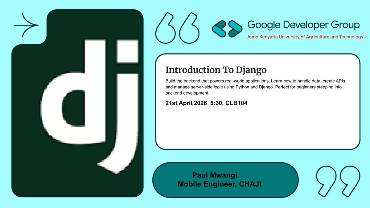 gdgcampusJKUAT's tweet image. Learning backend with Python?

We’re hosting an Intro to Django session!
If you’ve been curious about APIs, databases &amp;amp; server-side logic — this is for you.

📅 April 21 | 5:30 PM
📍 CLB 104

🎟️ gdg.community.dev/e/m5qv7t/

#Django #Python #BuildInPublic #GDG #JKUAT