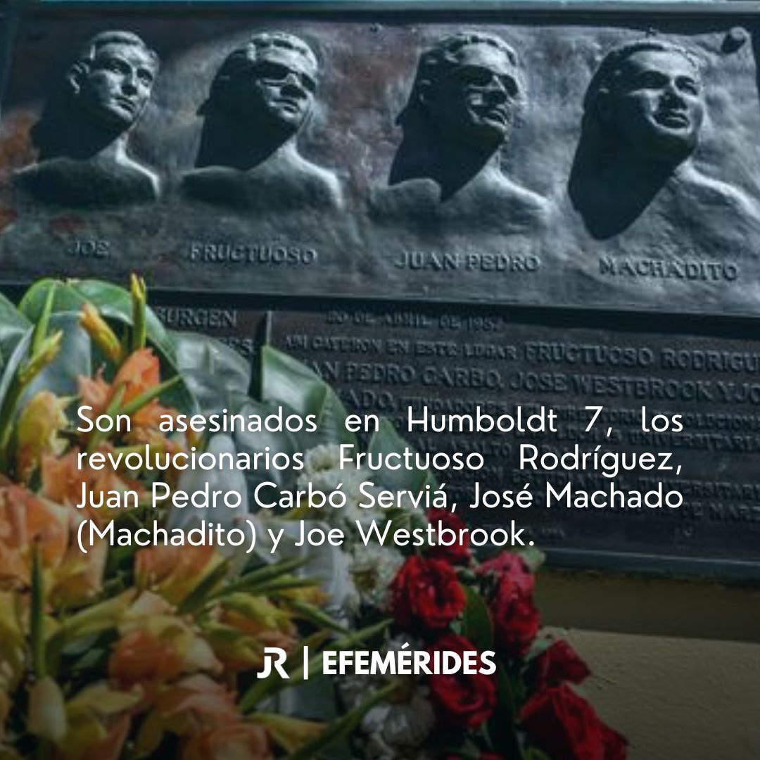 En #Cuba 🇨🇺 #TenemosMemoria. El legado de Fructuoso Rodríguez, Juan Pedro Carbó Serviá, Joe Westbrook y José Machado—jóvenes brutalmente asesinados por los esbirros de Batista el 20 de abril de 1957 en Humboldt 7, sigue vivo en el ❤ del pueblo🇨🇺.
#CubaViveEnSuHistoria
