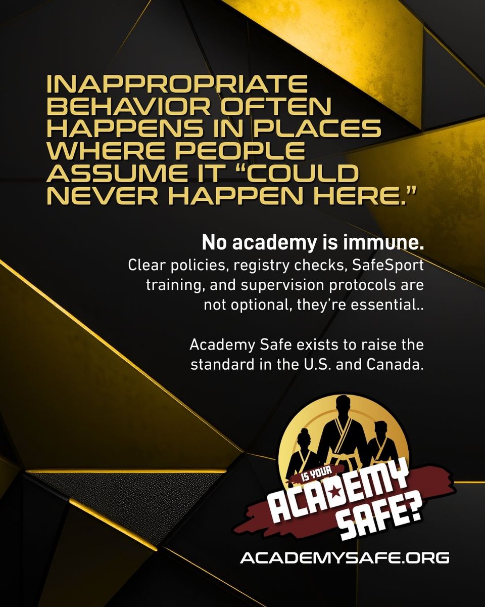 academysafeorg's tweet photo. "Could it happen here?" Yes. No academy is immune to inappropriate behavior. Academy Safe provides the critical protocols and standards to truly protect your students. Raise your standard today.
#Sport #AcademySafe #CoachingEthics #StudentProtection #MartialArtsSafe #GymSafety https://t.co/hbyKeh8YVr