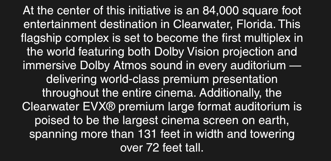 Speaks_Div's tweet image. The "Largest Screen of the World" tag is being taken away from #IMAX.

EVX Complex in #Florida is making a 131 ft wide, 72ft tall Screen with Dolby Vision+Atmos (note how Dolby Cinema branding isn't used)

This is a multiplex with All screens being DV+DA. Target opening: 2028.