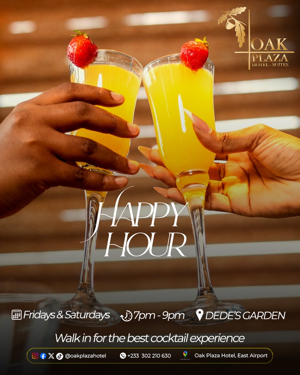 oakplazagroup's tweet image. Your Friday and Saturday nights just got better. 🍸

Join us for Happy Hour at Dede’s Garden, Oak Plaza Hotel, East Airport!
 7pm - 9pm
Oak Plaza Hotel, East Airport

Walk in for the best cocktail experience in Accra.

#OakPlazaHotel #Accra #HappyHour #AccraNightlife