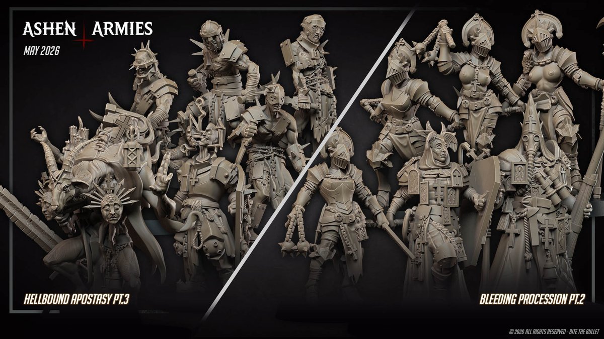 AshenArmies's tweet image. May 2026
(Hellbound Apostasy Pt.3 + Bleeding Procession Pt.2)

Monthly Release

Support us :
myminifactory.com/users/AshenArm…

#3dprintedminis #paintingminis #tabletoprpg #trenchcrusade #trench #crusade #hereticlegion #trenchpilgrims #ashenarmies #hellboundapostasy #bleedingprocession