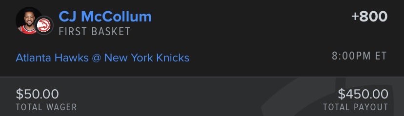 TPB_FirstBasket's tweet photo. Today’s play 🏀

CJ McCollum +800 (FD) 🟦

McCollum has taken first team FGA in 35% of his starts for ATL this season, cashing first basket in 23%. Good value here at +800 📈

https://t.co/f36OAJSetm 📒 https://t.co/6itY9fc9zz