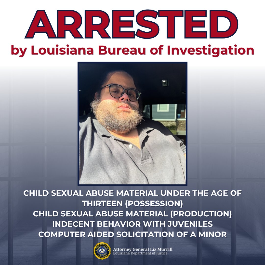 AGLizMurrill's tweet photo. 🚨Our Louisiana Bureau of Investigation agents arrested a New Orleans man on multiple charges for communicating with a 14-year-old girl and offering her money to produce child sexual abuse material content for him

This arrest was the result of our newly formed Orleans Metro ICAC Task Force. I'd like to thank the St. Charles Parish Sheriff's Office, @KennerPolice, @NOPDNews, @HSINewOrleans, and @LAStatePolice Special Victim’s Unit for their hard work and assistance on this case.
https://t.co/faXu2tmsil