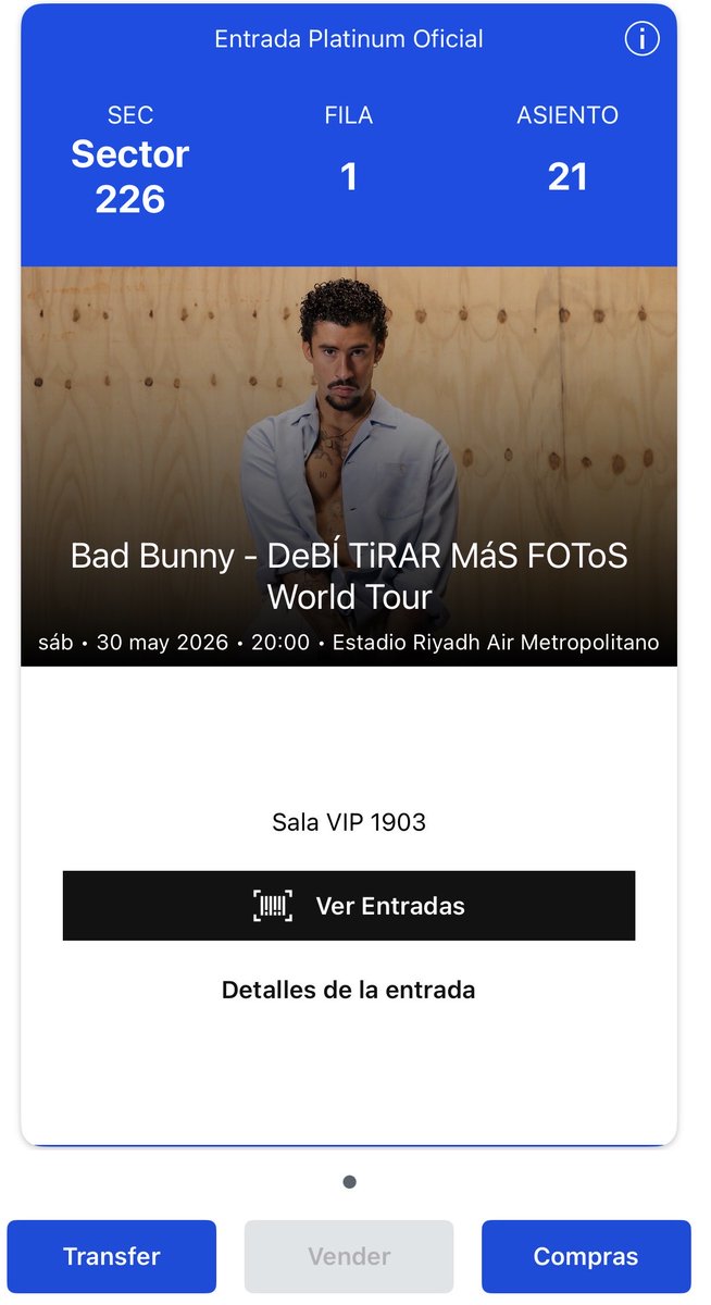 Michaelsmads's tweet photo. Vendo 1 entrada para Bad Bunny el 30/05/26 en el Metropolitano Nivel Sala Vip 1903 - Sector 226 - Fila 1

Transferencia por Ticketmaster. https://t.co/yfTVqCyoiF