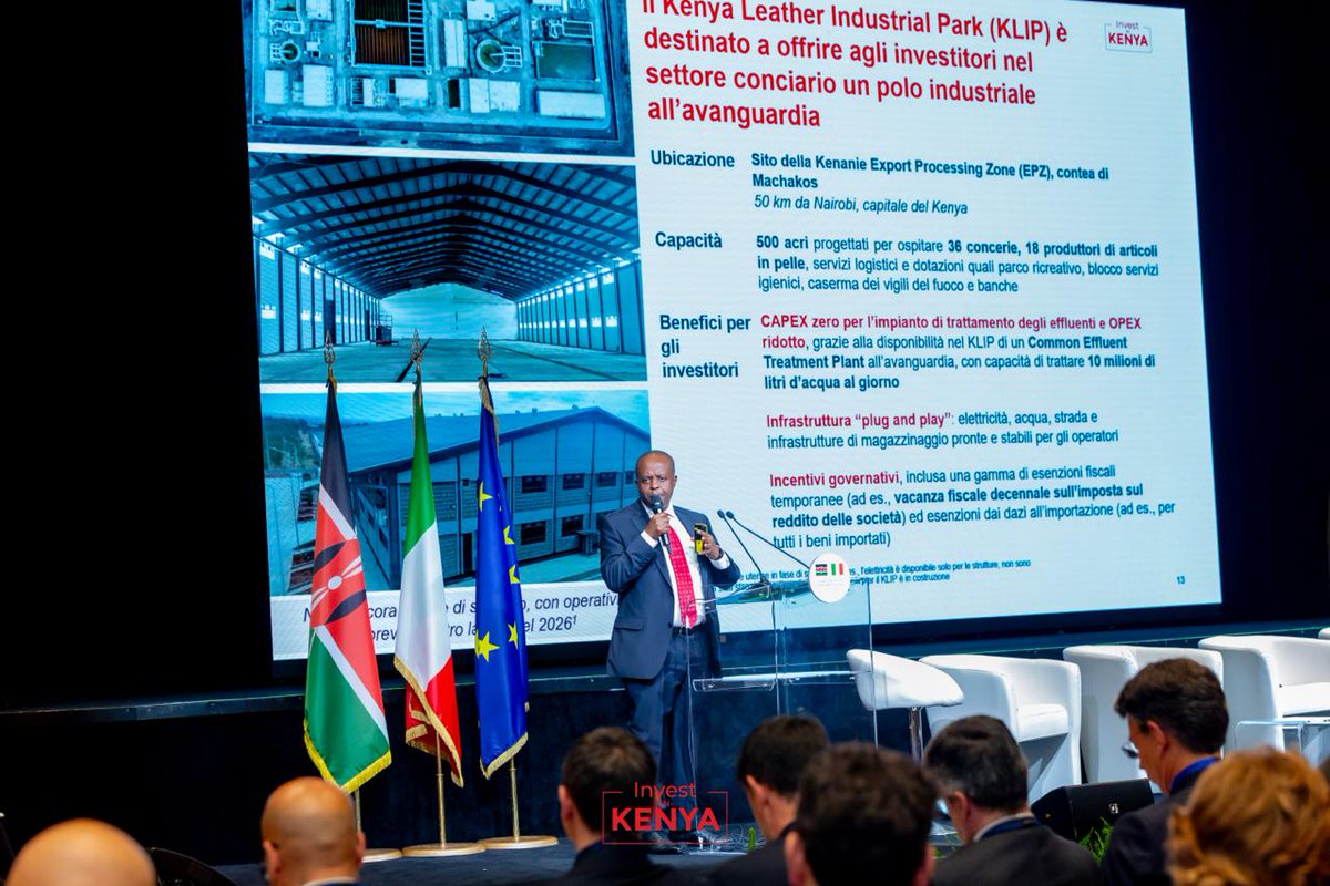 JohnMwendwaOGW's tweet photo. At the Kenya–Italy Economic Forum, I had the privilege of presenting Kenya's value proposition to a room of over 220 Italian companies, and the message was clear: Kenya is the preferred gateway for investment into East and Central Africa.

Italy is already a strategic partner. As the world's 8th largest economy, Italy ranked as Kenya's 16th largest source of FDI in 2024, with close to 50 Italian companies already operating across food & beverage, energy, automotive, and agriculture.

But there is so much more opportunity ahead.

Kenya offers:
-A diversified, high-growth economy with opportunities across priority sectors, including leather and agri-processing
-A dynamic and rapidly evolving innovation ecosystem
-Strategic market access — preferential entry into regional and international markets
-An investor-friendly policy environment built for long-term, sustainable growth

We are open for business and committed to making every investment journey seamless. 

Choose Kenya #InvestInKenya

@KENYAinITALY