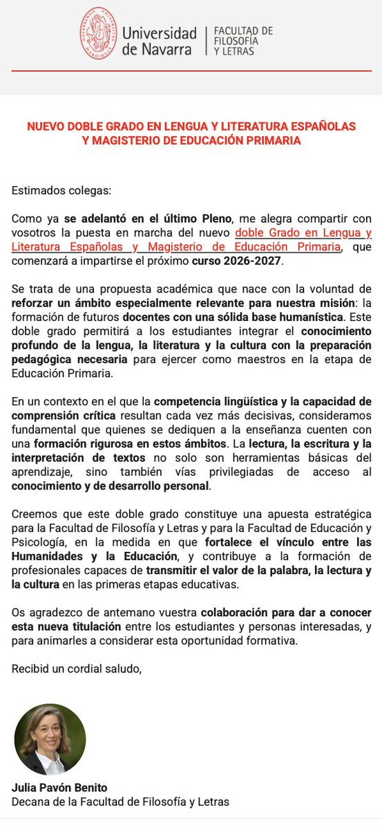 JoseMTorralba's tweet photo. La @unav lanza el doble grado en Lengua y Literatura Españolas y Magisterio de Educación Primaria.
Formar en humanidades a los que van a educar a los hijos de nuestra generación es una excelente contribución social.
Enhorabuena, @fylunav y @edupsicoUNAV.
👉https://t.co/jxp8mEDTt2 https://t.co/IoOs1JPEFi