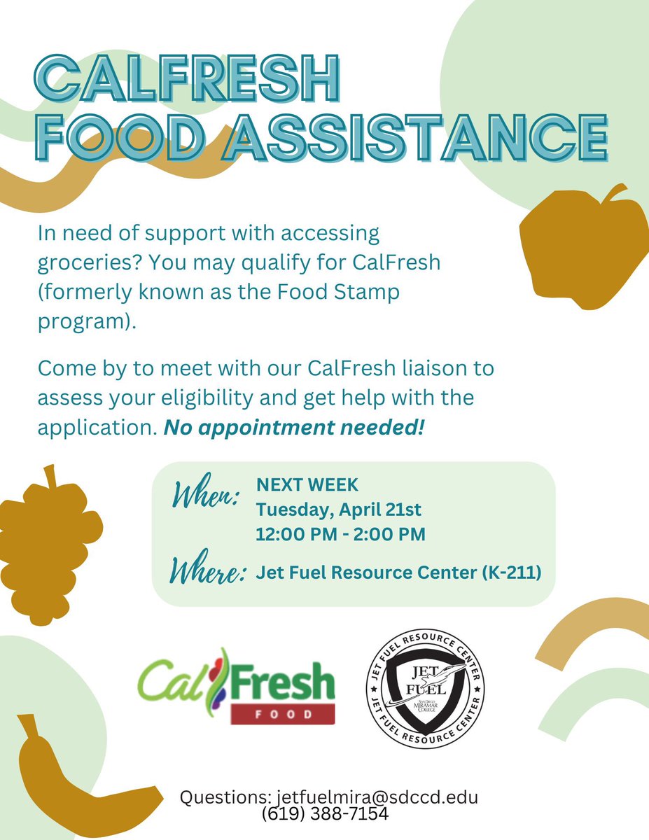 SDMiramar's tweet photo. Our CalFresh Liaison, from the Jacobs &amp; Cushman San Diego Food Bank, will be on campus tomorrow, Tuesday April 21 from12:00 pm – 2:00 pm in K1-211 Jet Fuel Resource Center to assist students to check their eligibility and apply for CalFresh benefits (formerly ‘food stamps’) https://t.co/uqRSkpi0hZ