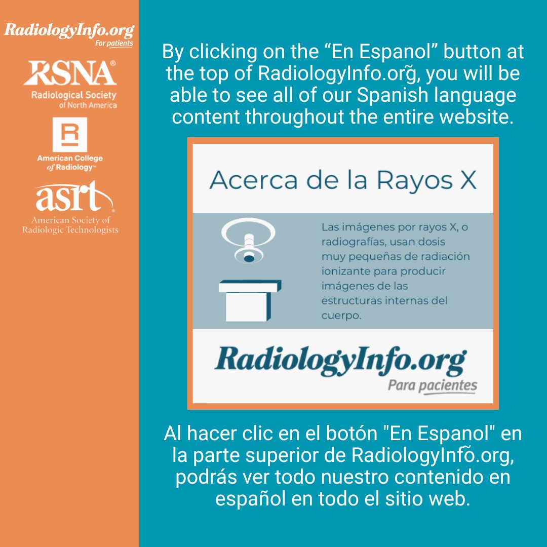 RadiologyInfo_'s tweet image. RadiologyInfo.org le informa cómo se realizan diversos procedimientos de radiología, TC, RMN, ultrasonido, radioterapia, etc. También le dice qué puede sentir durante los exámenes y qué preparaciones son necesarias. Visita hoy. 

#Bilingual #RadiologyInfo