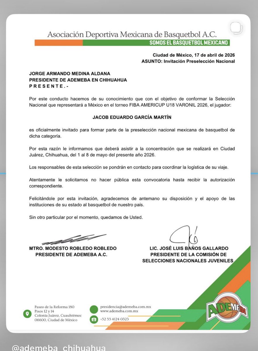 coach_martin311's tweet image. Proud to share that Jacob has been selected to represent Mexico at the 2026 FIBA U18 AmeriCup in June. We couldn’t be prouder—enjoy the moment, son. You’ve earned it. #BELIEVE
@JACOB34GARCIA @ChapinBoysBBall  @Fchavezeptimes  @coachlewis40  @CoachMChavez @paristhetrainer