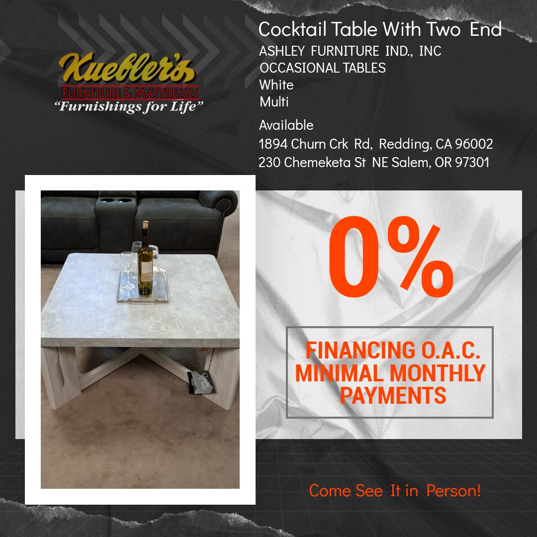 kueblers1974's tweet image. ✨ Elevate your space with ASHLEY’s Whitewash Cocktail &amp;amp; End Table Set! Transform your living room. 🛋️ Shop now! #FurnitureGoals

bit.ly/4dNtvys

1894 Churn Crk Rd, Redding, CA 96002
230 Chemeketa St NE Salem, OR 97301