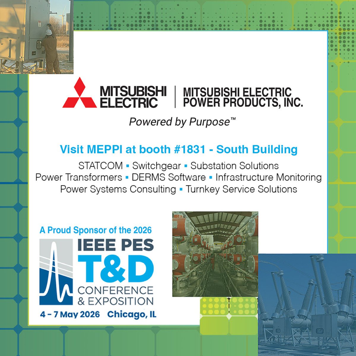 IEEETandD's tweet photo. ⚡ Powering the grid takes purpose.

Visit Mitsubishi Electric Power Products, Inc. (MEPPI) at booth #1831 at 2026 IEEE PES T&amp;D.

From STATCOM to DERMS, explore solutions shaping a smarter grid.

🔗 https://t.co/BLYrYrQIHJ

Sponsored content by MEPPI https://t.co/VrjaOmKoP2