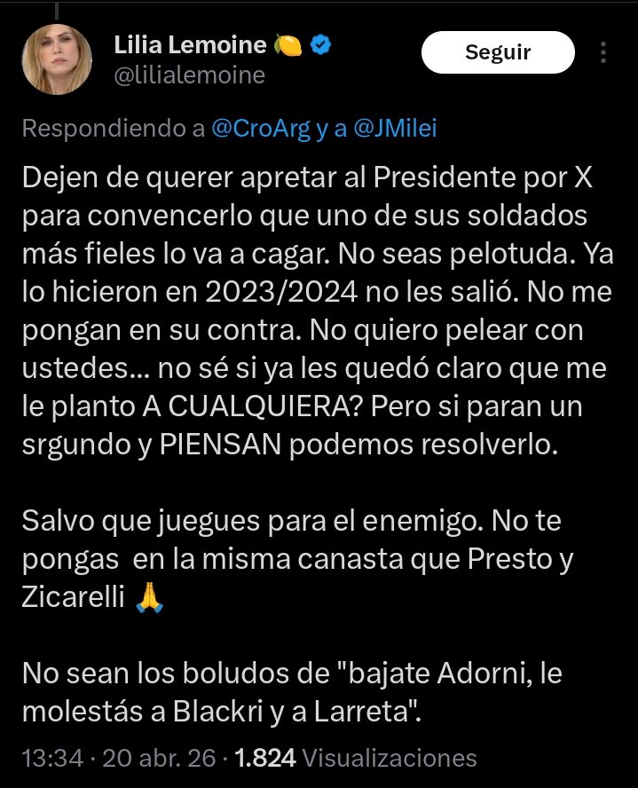 🔥 Lilia Lemoine sigue su cruzada contra los libertarios rebeldes:

"Dejen de querer apretar al Presidente por X".