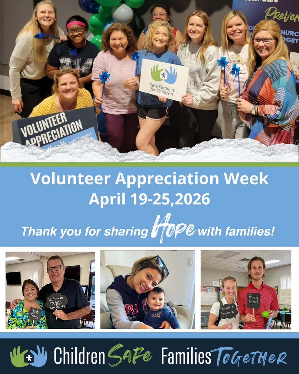 This week kicks off National Volunteer Appreciation Week!💙💚🩵 

We are so grateful to the thousands of Safe Families for Children volunteers who open their hearts and homes to host children and support families! Thank you for showing up for families nationwide and globally.