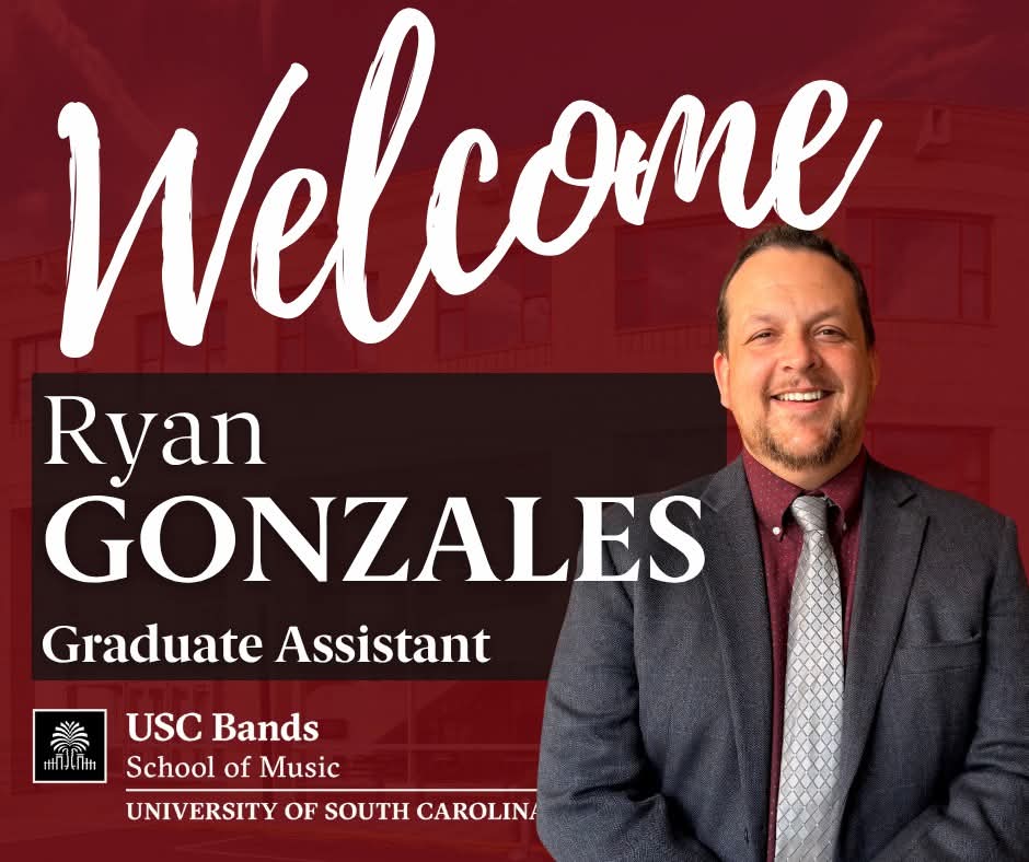 TheCarolinaBand's tweet photo. We are thrilled to welcome our new Graduate Assistant, Ryan Gonzales!
Ryan will be pursuing the DMA in Wind Conducting and is a University of South Carolina Presidential Fellow. #USCBands https://t.co/pOqRjoZysl