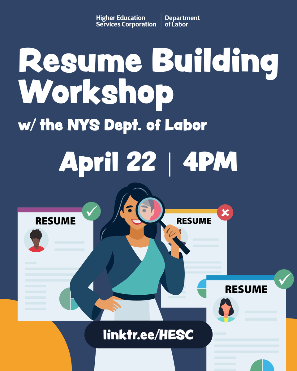 NYSStudentAid's tweet photo. Don’t miss our Resume Building Workshop with @nyslabor this Financial Aid Awareness Month. Let’s build your future together! 🚀

Register with the link in bio or at https://t.co/vHMdXIoiJu https://t.co/4OtaiCVEFc