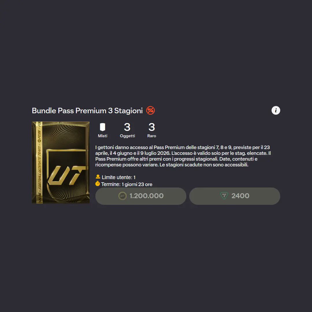 ultimateteamit's tweet image. *PROMOZIONE* PSN Card per #PS5 e #PS4 che potete utilizzare per acquistare gli FC Points di #FC26.

Acquista il Bundle Pass Premium Delle Stagioni 7,8 e 9 che vi permette di risparmiare 300.000 crediti.

50€ al prezzo di 47.49€ bit.ly/4mIUBwi