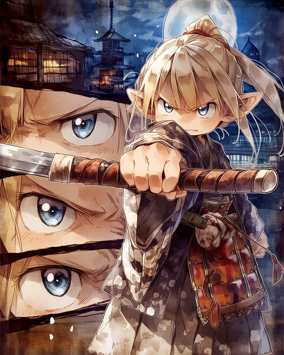 cheke6966's tweet image. 「侍の瞳、月の影」

激しい視線と、握りしめた刀の柄。
古い街並みに浮かぶ満月が、
少女の覚悟を静かに照らしている。