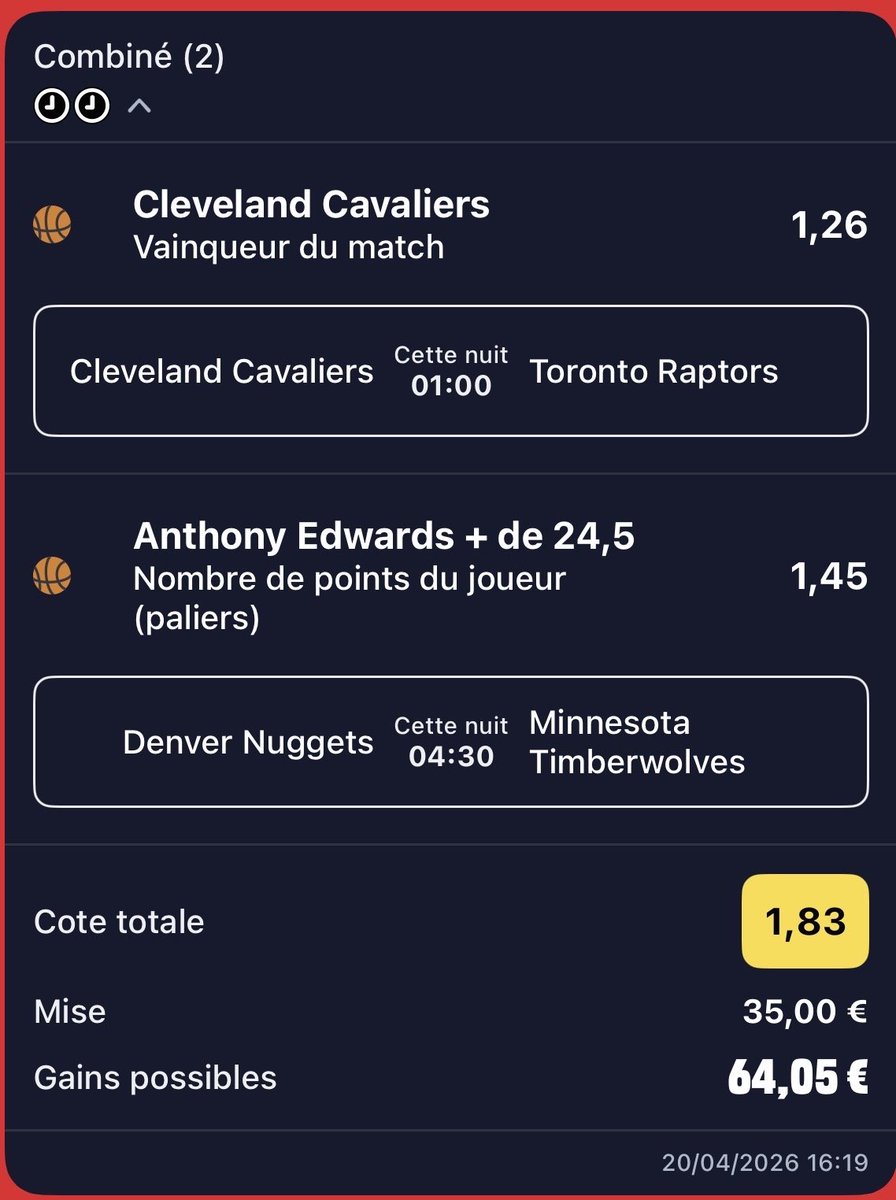 ⚠️ Montante Palier 2 ⚠️

#NBA 🏀

Cavs + Edwards 25pts <a href="/1/">1</a>,83

20€ -> 35€✅️
35€ -> 64€ ?

#TeamParieur