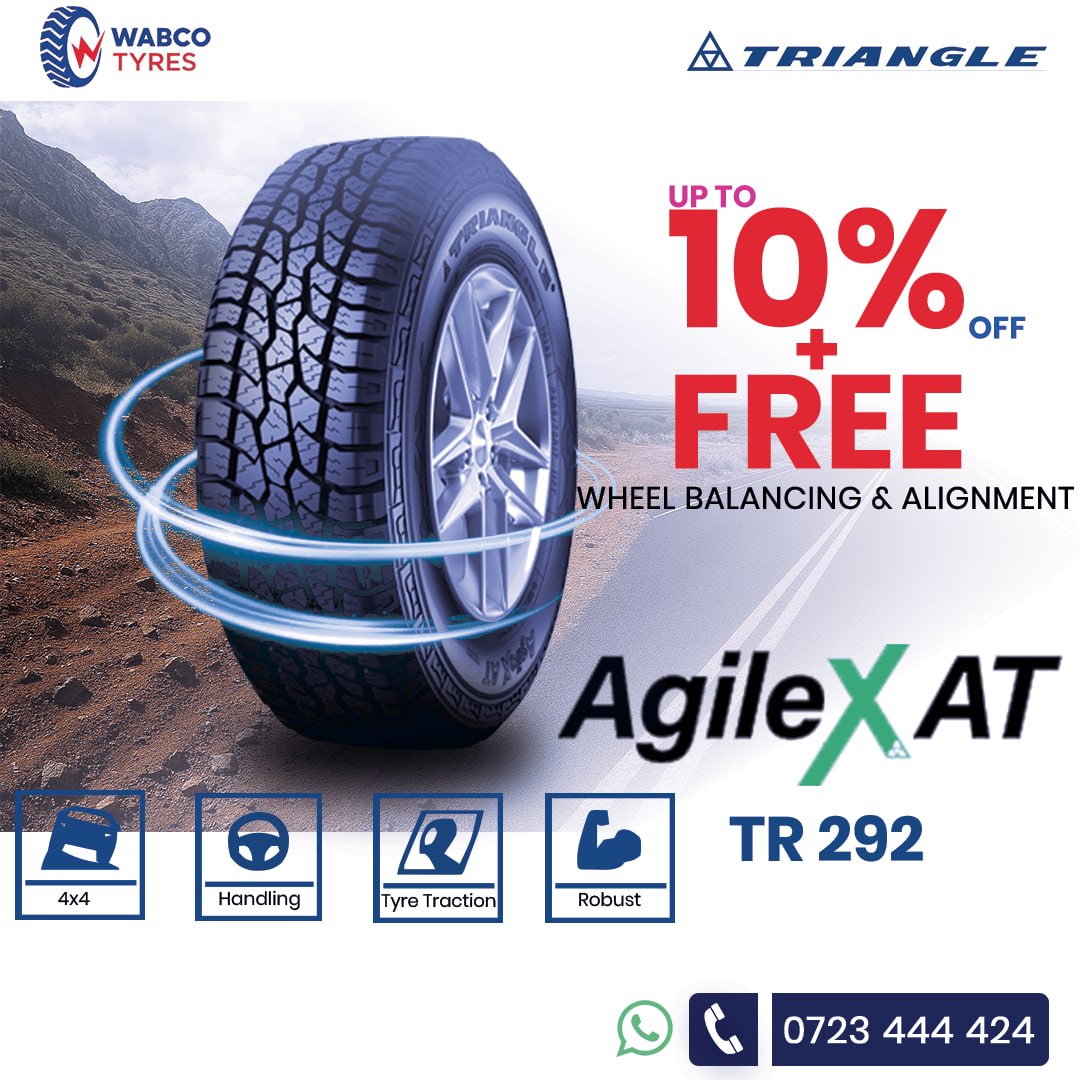 WabcoTyreskenya's tweet image. Upgrade your drive today 🚗💨
Get up to 10% OFF + FREE wheel balancing &amp;amp; alignment on Triangle AgileX AT TR292.

#DriveSafe  #TyreDeals #WabcoTyres
#TriangleTyres #carmaintenance
#BestDeals #RoadSafety #adventure