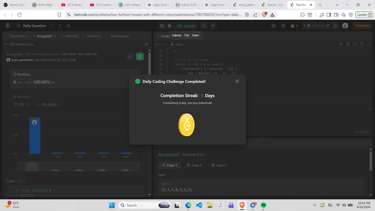Geetanshu11291's tweet photo. Day:-27 of maintaining @LeetCodestreak 🏆.
1.Solved POTD(2078) :-Two furthest houses with different colors.
#366daysofleetcode https://t.co/n1N0PldvGS