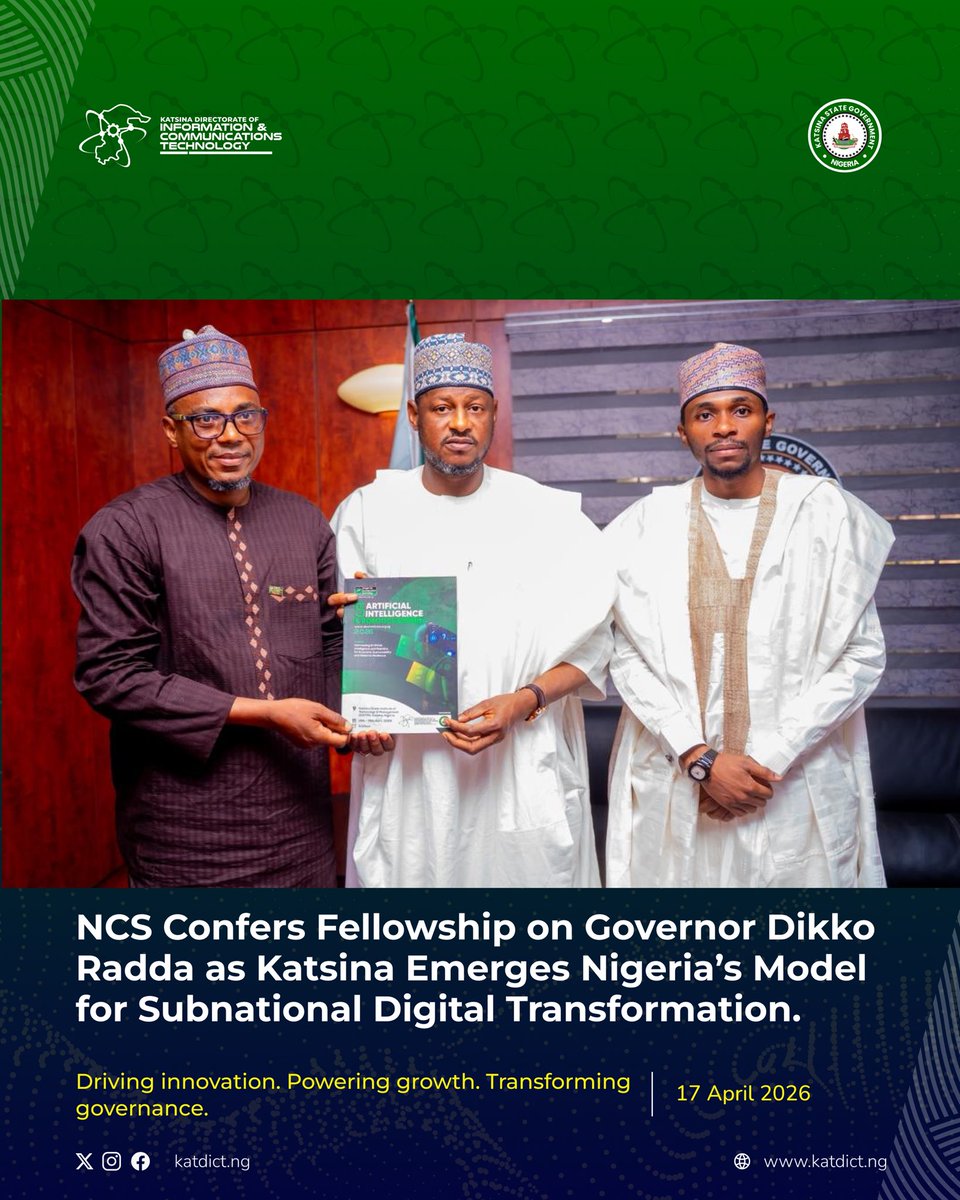 katdict's tweet photo. A milestone for a smarter, digitally driven future!

His Excellency Dikko Umaru Radda has been awarded a prestigious fellowship by the Nigeria Computer Society, recognizing Katsina's growing impact in digital transformation.

Through sustained investments in technology, innovation, and capacity building, Katsina State is strengthening governance, expanding opportunities, and building a more connected future for its people.
